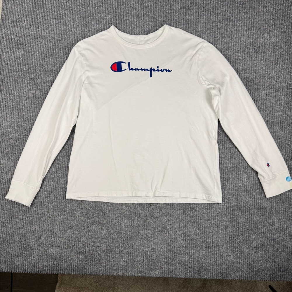 Champion T-Shirt Mens XL White Long Sleeve Script‎ Logo Athletic Heritage Cotton